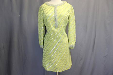 1960's Jean Louis Scherrer Mini Dress: funky 1960's yellow with metallic stripe, beaded trim, round neck with beading, long sleeves with beaded cuffs, line of beading down front to waist, back zipper, see photo's for missing beads and spot