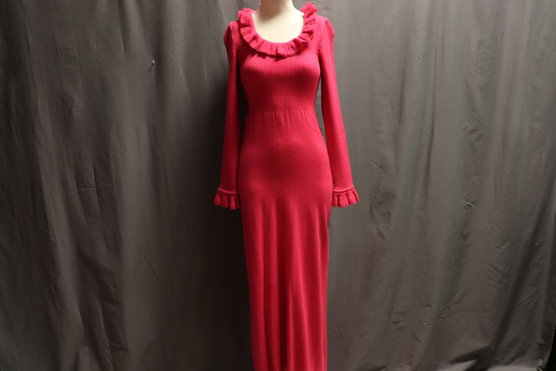 1970's Pink Zephyr Wool Maxi Dress: long sleeves with ruffled cuff, ruffled low scoop neck, back zipper, full length maxi skirt, 100% wool knit, shows the shape of the body nicely, approx. 36 bust, 26 waist with more give for larger siz