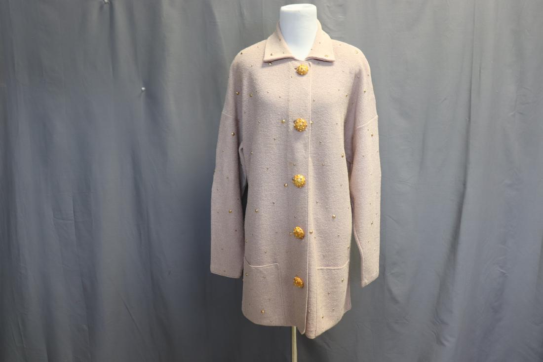 Steve Fabrikant, Saks Fifth Avenue, Coat Sweater: button front, tailored collar, long sleeves, large front pockets that have never been opened, lower side slits, gold studs all over and fancy studded buttons, couple of spots on front made come out wi