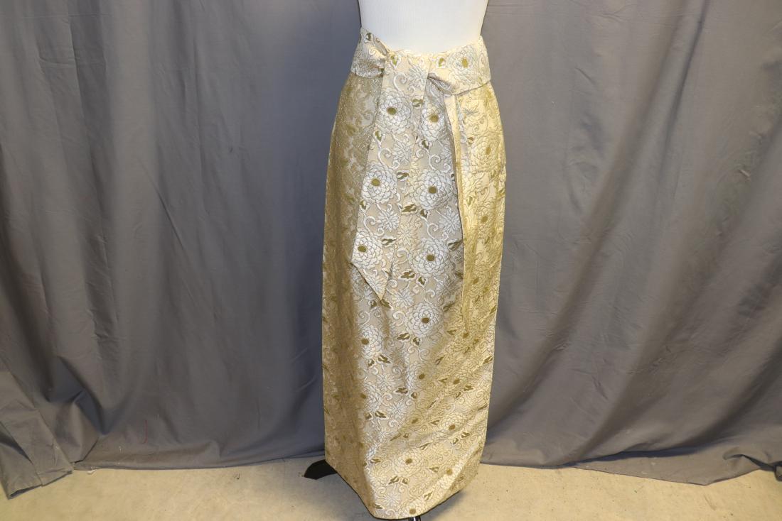 1960's Gold Metallic Brocade Maxi Skirt: great condition, floral brocade with metallic gold thread through out, side zipper, darts in back, full length with back slit, tie belt, approx. 26 waist, 36 length