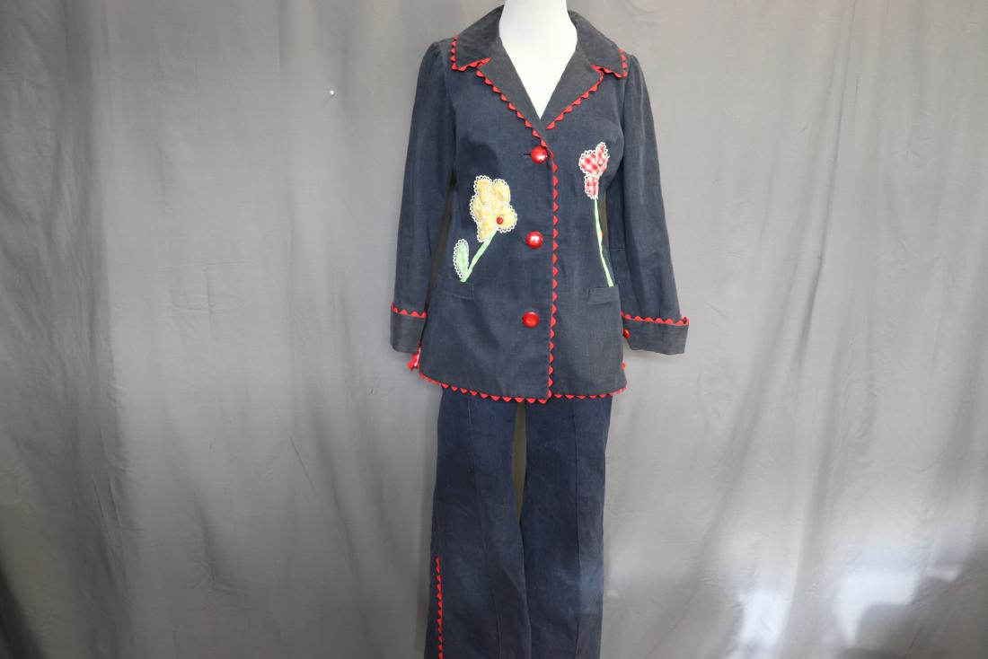 1960/70's Original Solange NY, Pants Suit: Fun Navy Blue rick rack trimmed jacket with checker applique flowers and sweet lady bug buttons,, lower front pocket, red checkered lining, pants with pin tuck seams front and back, side zipper and ho