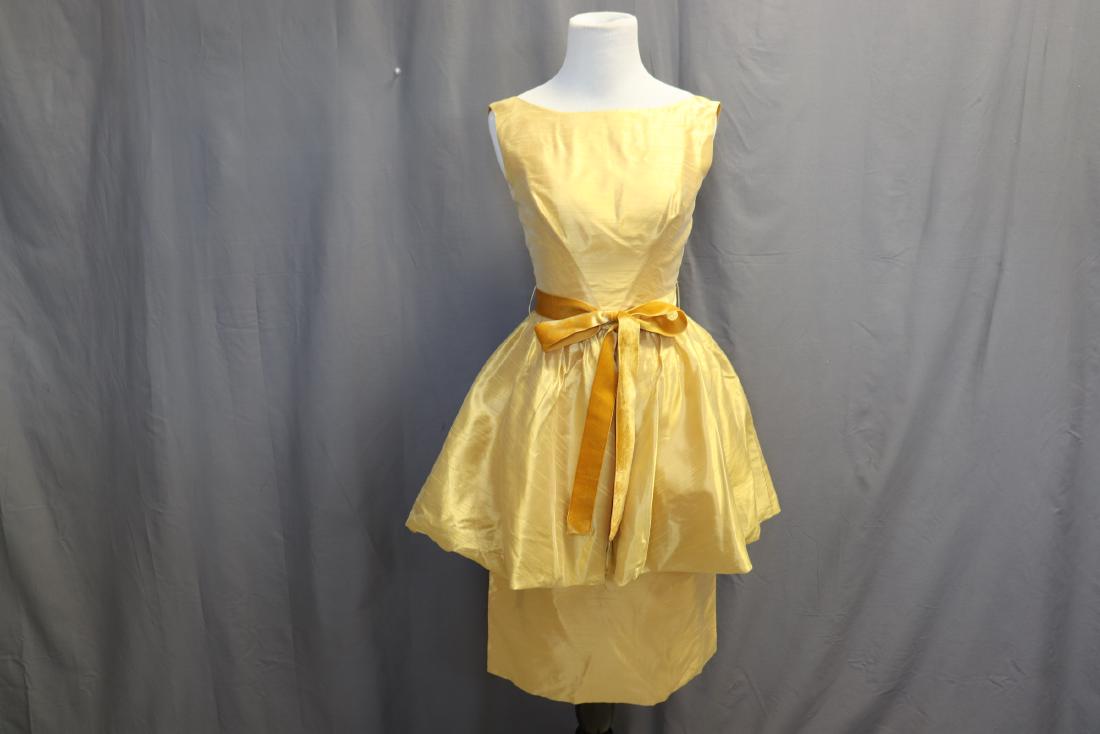 1960's Gold Silk Wiggle Dress with Balloon over Skirt (1 of 5)