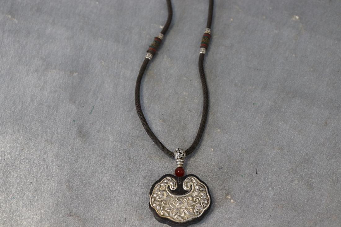 Asian Wood and Silver Tone Necklace, Red Jade Stone (1 of 4)