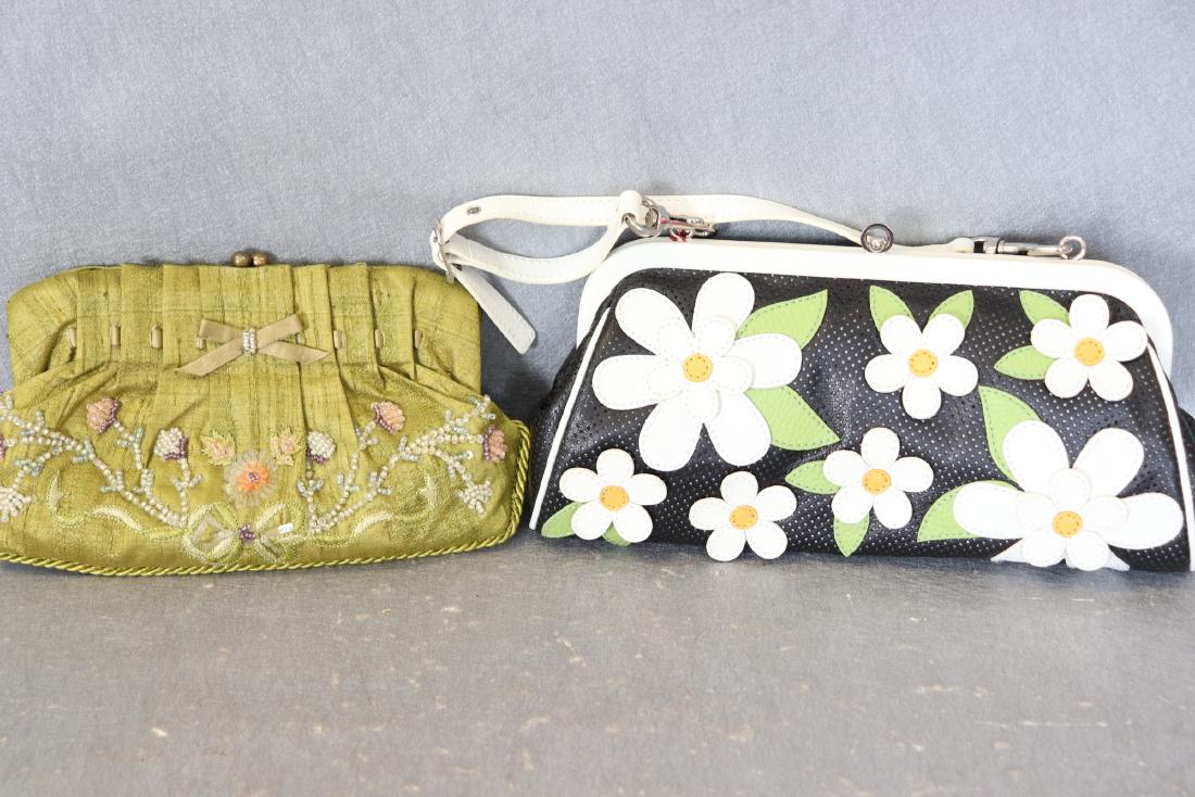 Lot of 2 Purses, Daisies, Green Silk with Beading: Fun Isabella Fiore daisy purse, clasp opening, original tag and gift receipt, lined, approx. . 10x5", great unused condition. Olive green pure silk clutch purse, beaded and sequin front clasp , from M