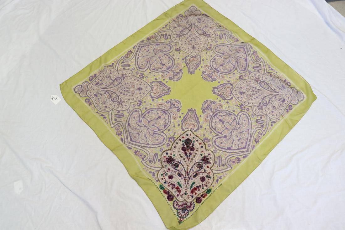 Vintage Sheer Scarf With Sequins and Seed Beads: Olive border, purple and pink paisley design. One corner features purple, pink and green sequins and seed beads. It measures 35x35". Hand Rolled edges. Great condition.