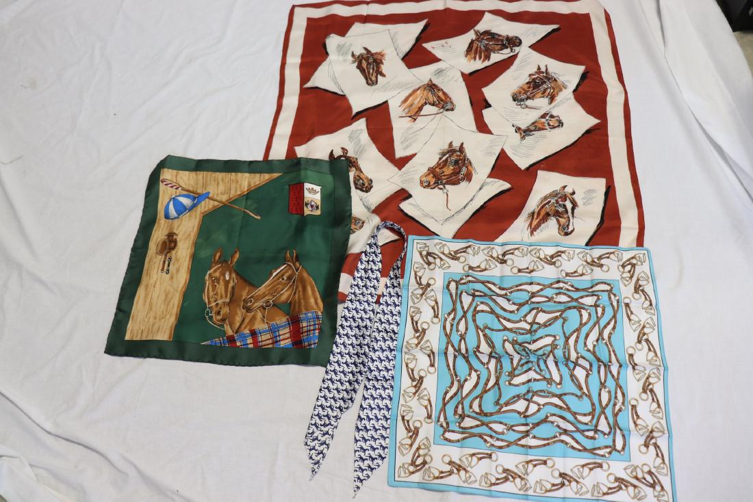 Lot of 4 Vintage Silk Horse Themed Scarves: Large size, 34x33", hand rolled edges, Signed ECHO, some light soil. Silk green scarf from Italy, 18x18", hand rolled edges, great condition. Two others, one from Italy, the other has blue horses, tie