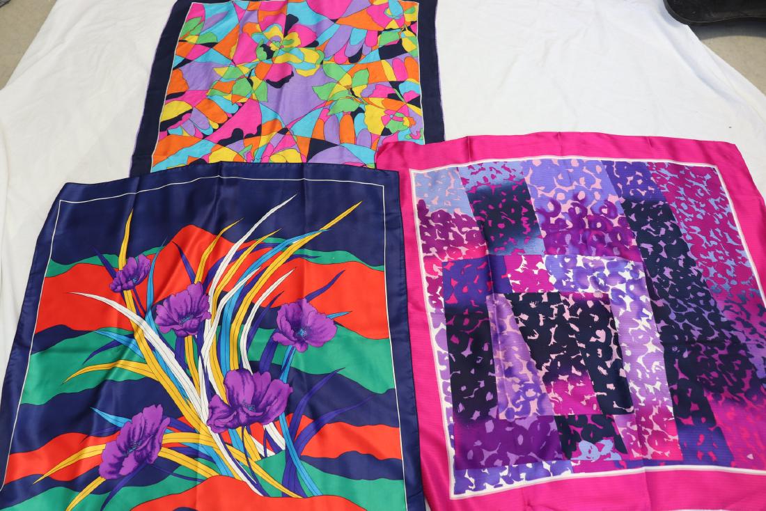 Lot of 3 Vintage Silk Scarves, Van Horn, Burmel Purple,: Van Horn signed pink and purple is 34x34", 1/4" light spot. Blue background, large floral print is 33x34", great condition. Signed Burmel, is 30x30", hand rolled edges, great condition.