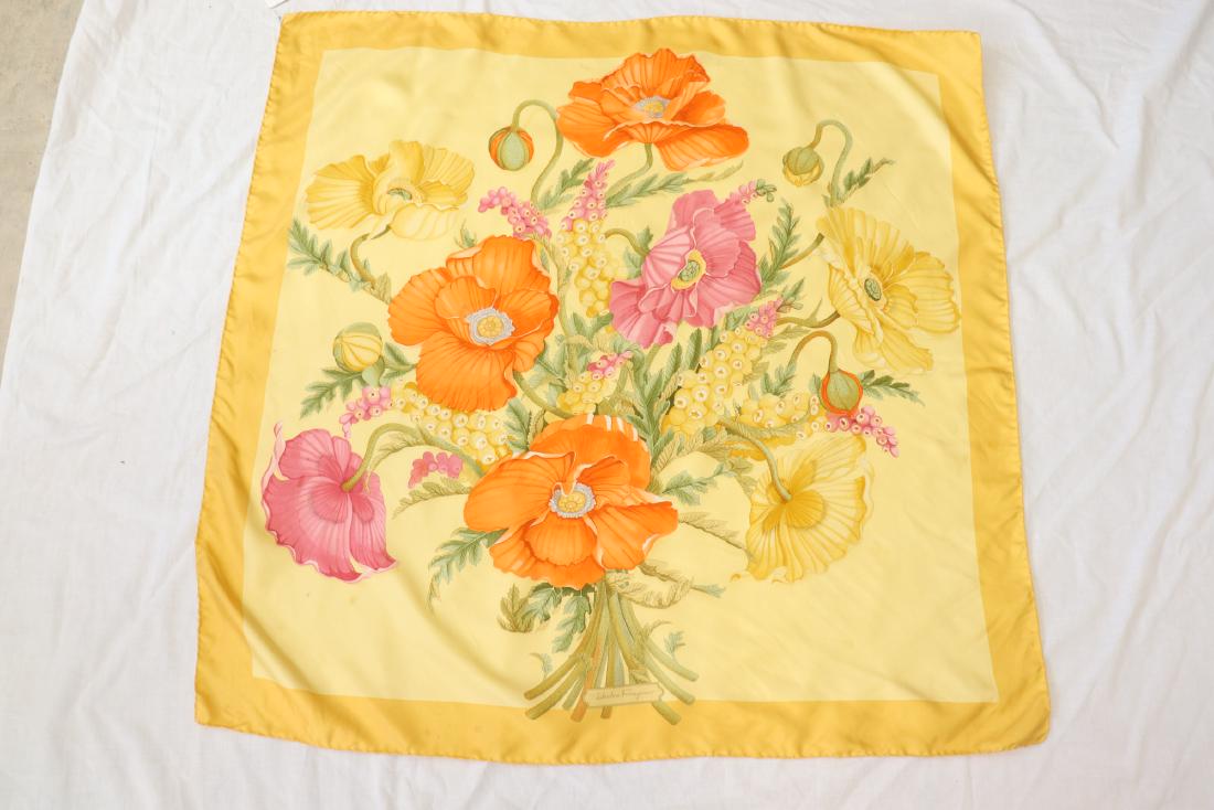 Vintage Signed Salvatore Ferragamo Silk Scarf: Measures 33x34", hand rolled edge, light soil, otherwise great condition.