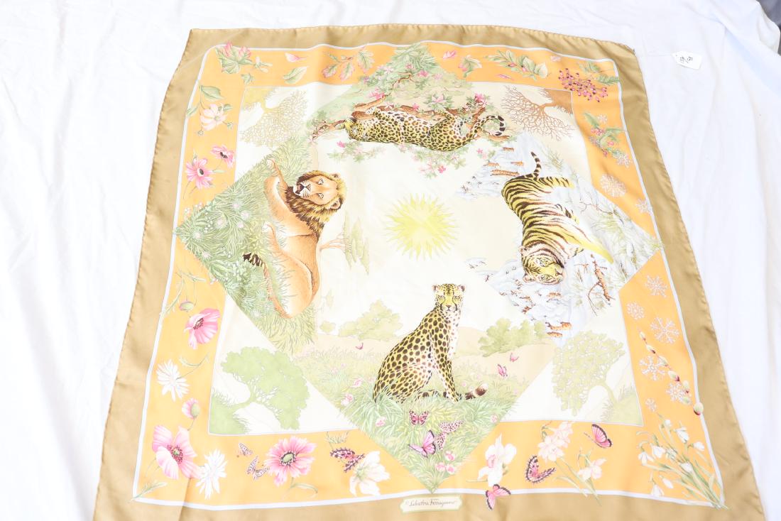 Vintage Signed Salvatore Ferragamo Silk Scarf, Lion,: Safari scene scarf from Italy, measures 34x34", light soil, otherwise great condition.