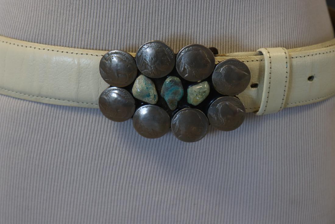 Vintage Leather Belt, Indian Head Nickels: Marked Sears, Top Grain cowhide. Measures 29 1/2" at the smallest, 33" at the largest. In great condition.