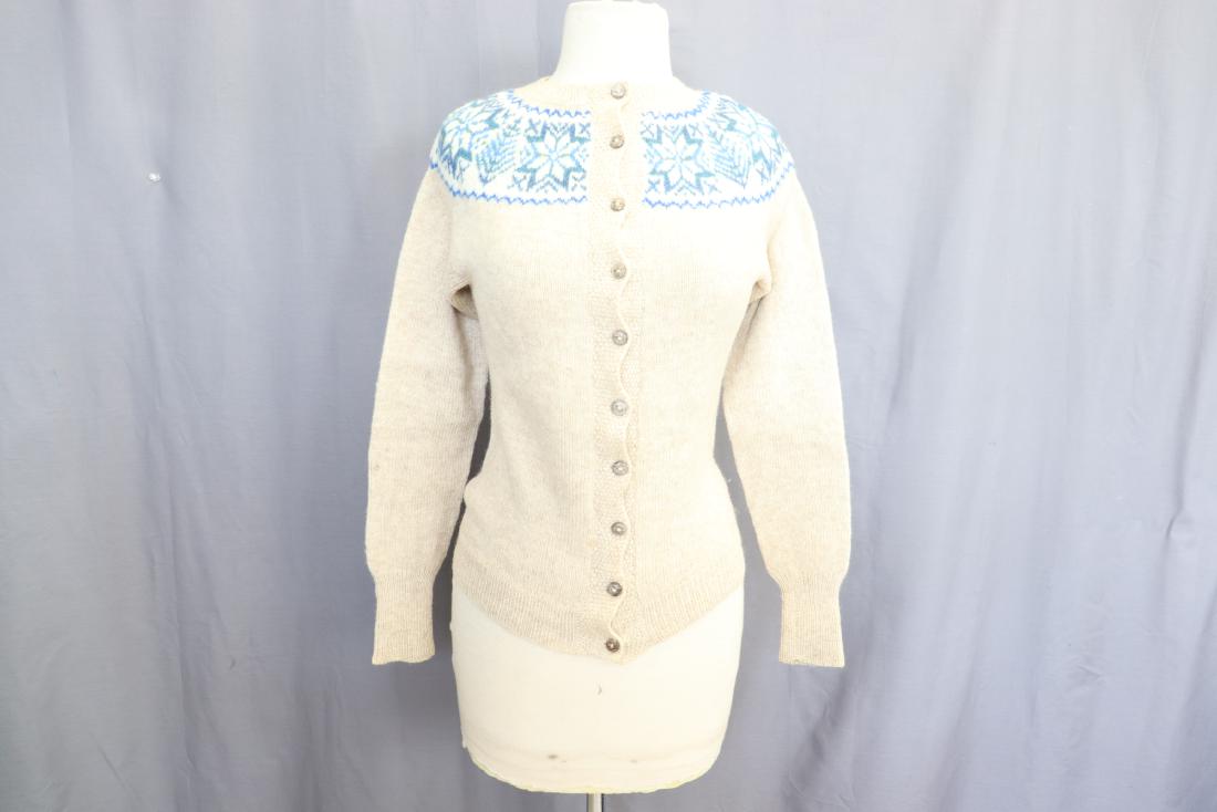 Vintage Snowflake Wool Cardigan Sweater, Scotland: Labeled Moffat, measures 32" at chest, 22" long. Great condition.