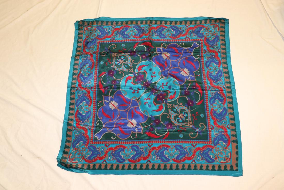 Vintage Silk Oscar de la Renta Scarf: Jewel tones, metallic applied outlining, 30x31", great condition.