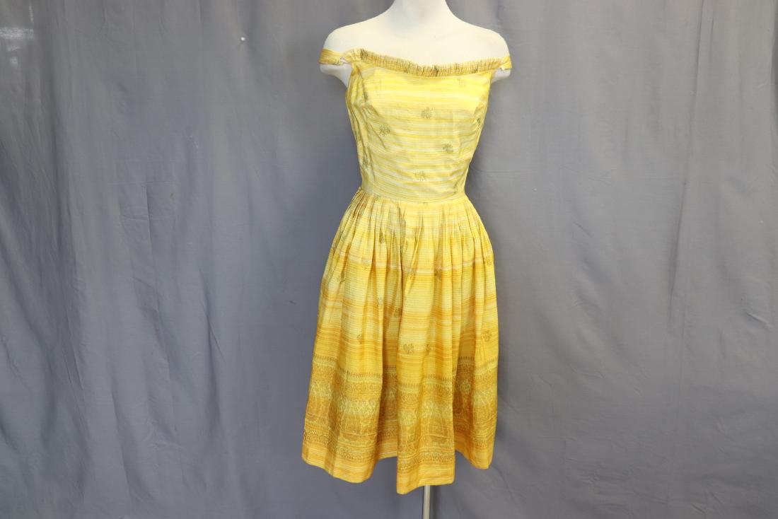 1950's The Sidney's, Off Shoulder Silk Party Dress: Off shoulder style, one inch straps with ruffled edge fitted bodice, full pleated skirt, missing belt, back zipper, straps need repair, see photo's, approx. 35 bust, 24 waist