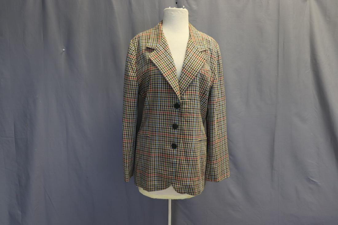 Escada by Margaretha Ley, Checkered Wool Suit Coat: Lady's wool suit coat, multi colored check in a traditional men's cut, fully lined, front lower pockets haven't been opened yet, some under arm stains on inside lining, nice condition, size 38