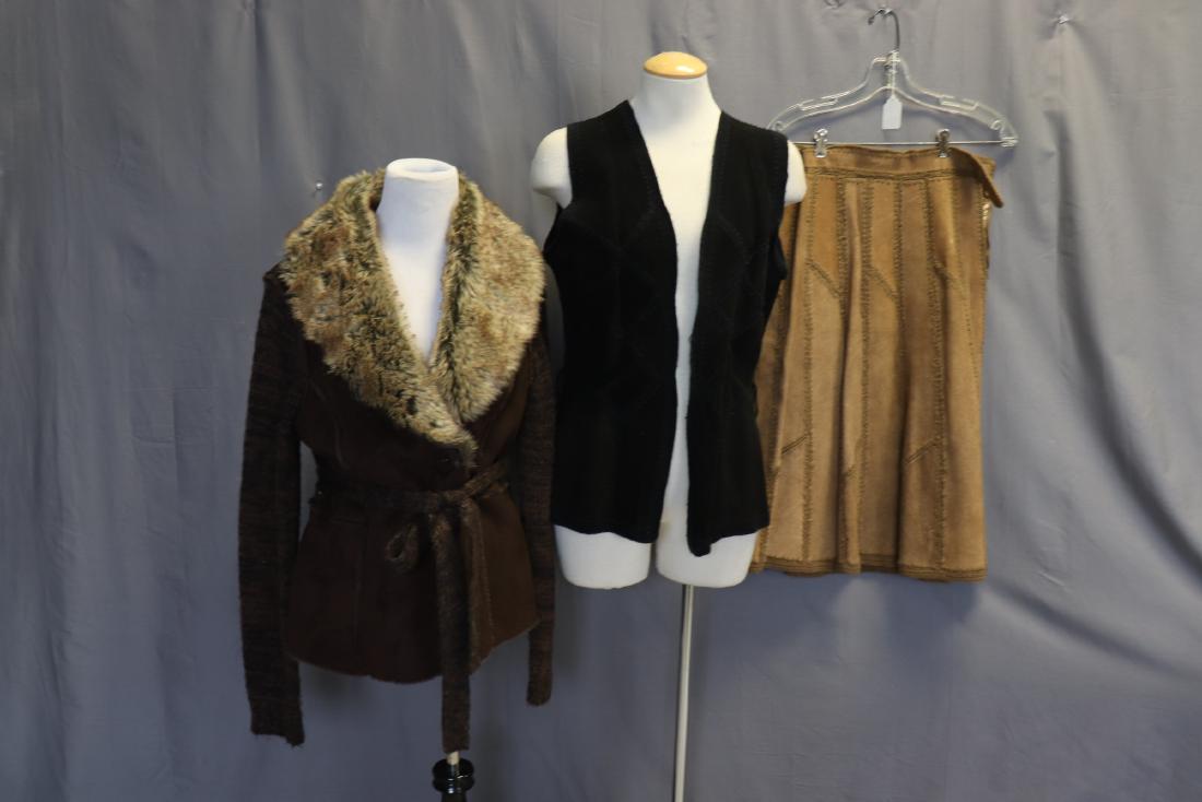 Vintage Women's 3 Piece lot of Suede: 1970's West by Jason Silverstein suede skirt size 5 & vest size 11 show signs of wear see photos, Tribal knit & faux suede sweater size S, in good condition