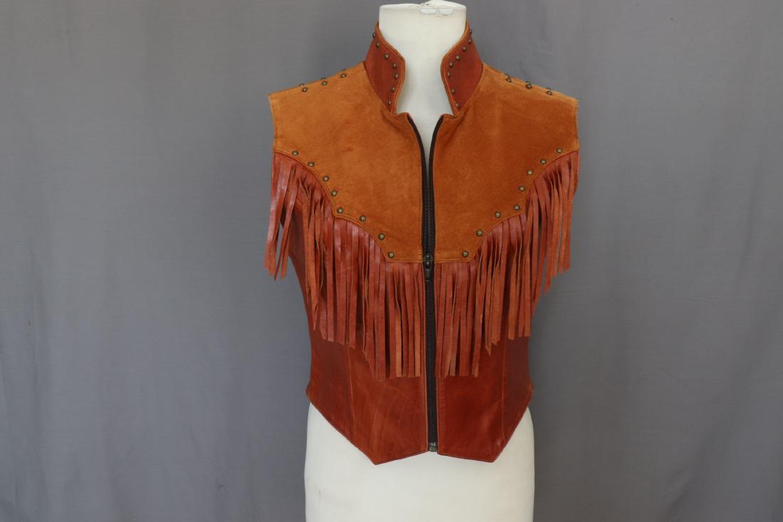 1990's Arella Leather Fringe Vest, Ladies: studded vest with fringe, zipper front, nice condition, size medium, approx. 34/36 bust