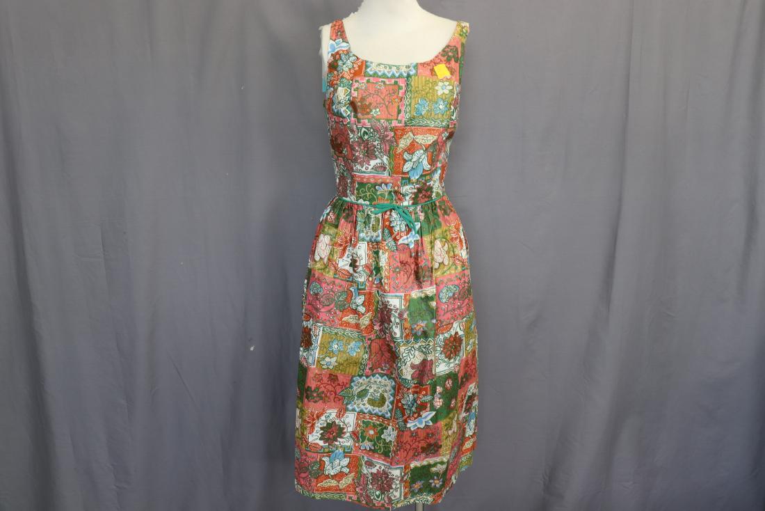 1950's Old Store Stock Polished Cotton Pouf Dress: sleeveless scoop neck, sits at waist full gathered pouf skirt, great polished cotton floral print, back zipper, original tags, approx. 40 bust, 30 waist