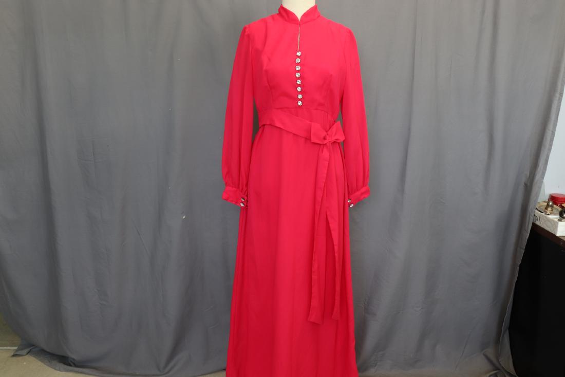 Vintage Hot Pink Maxi Dress: Measures 36" at bust, 30" at waist, 57" long. Polyester crepe. Full zipper in back, sash for waist snaps into place. Great condition.