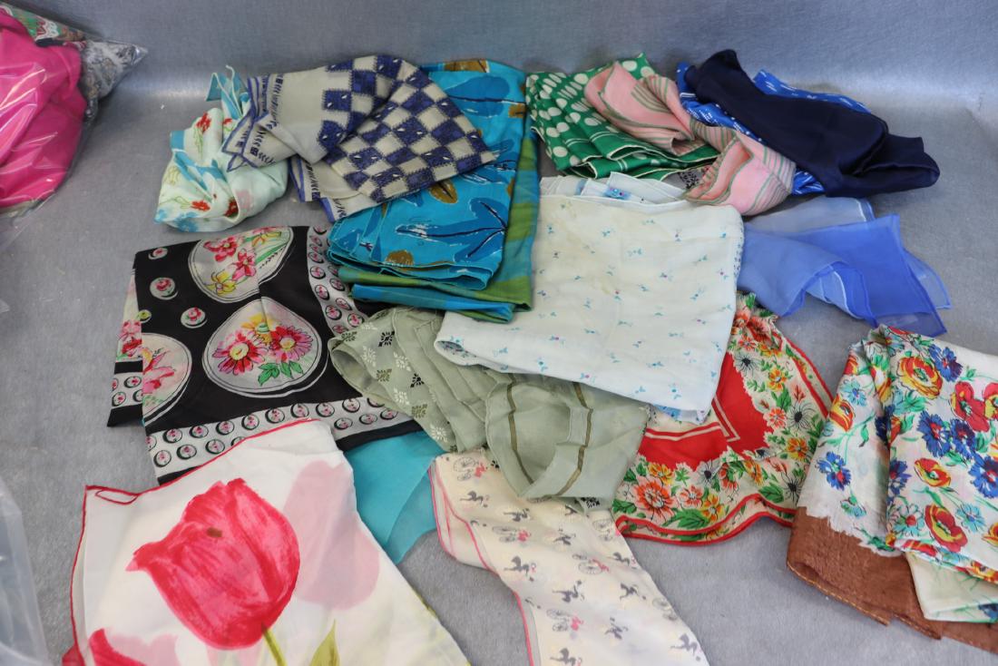 Lot of 18 Vintage Silk Scarves: All printed in overall good shape, condition noted: light soil spot on grey, blue floral border scarf has soil, blue & white checkerboard print scarf has light soil.