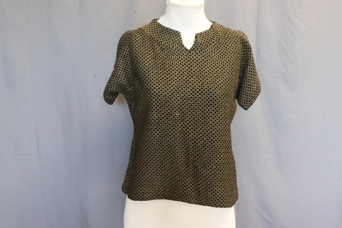 Vintage Jane Colby Gold Metallic Knit Sweater: Dolman-like cap sleeves. Labeled size Med. Approx. 36" bust, 19" long. Great condition.