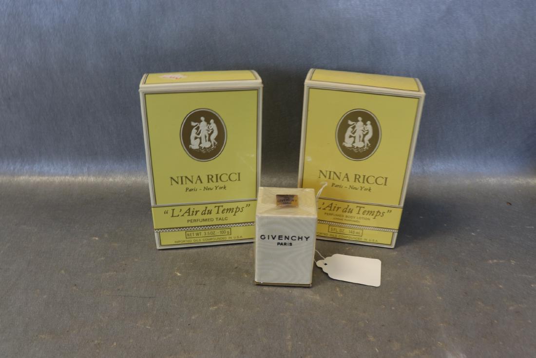 Nina Ricci Talc, Lotion, Givenchy Perfume: Givenchy Paris Perfume 1/4 ounces, made in France, in original package, not opened. Nina Ricci talc 3.5 ounces, body lotion 5 ounces.