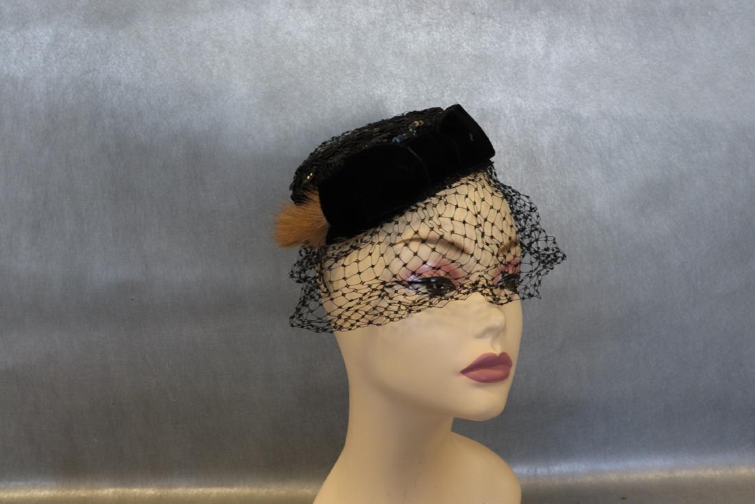 Vintage 1940's Hat W Sequins, Mink, Netting, Velvet: Cute Juliet hat from the 1940's. Black netting base, black velvet bow in back, soutache braid trim with sequins, mink detail around brim. Union Made label inside. Measures 15" around inside brim.