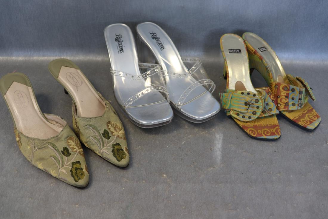 Lot of 3 Pairs Shoes, Cloth, Acrylic: Costa Blanca Cloth Mules, size 8, made in Spain, 3 1/2" heel, light wear. Cloth Talbots kitten heels (2"), pointed toe , size 8, light wear. Reflections clear acrylic platform shoe, 3 1/2" heel, great