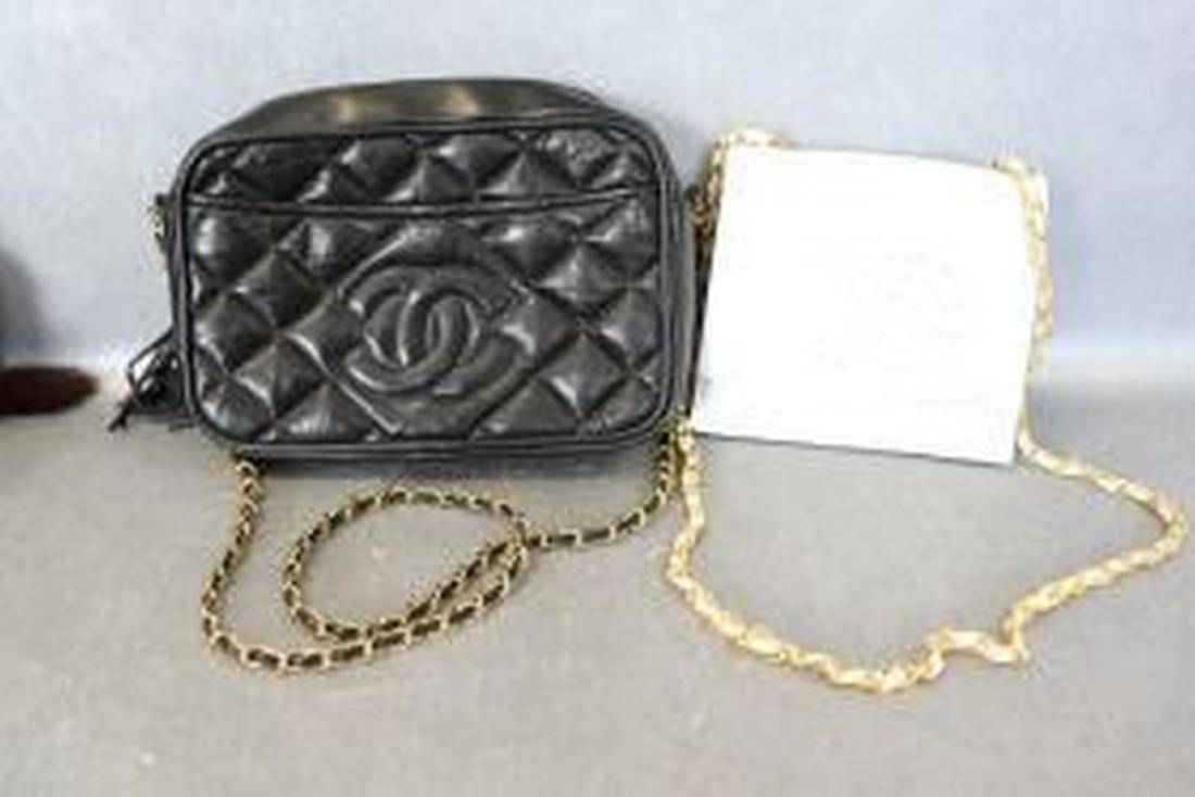 Lot of 2 Chanel Handbags, Purses: White purse, gold tone chain strap, approx. 6x7", magnetic snap in front, great condition. Black handbag with outside and inside zip pockets, 11x7", tassel, gold tone chain strap, a few light scuffs o