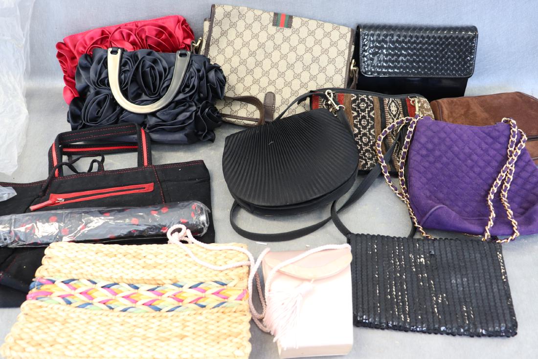 Lot of 12 Handbags, Clutch, Purses: Straw, sequined, satin, patent leather, suede. Lord & Taylor, Amanda Smith, Norell, Garfinckel's and others. The black faux suede bag has matching umbrella tucked inside. All in great condition.