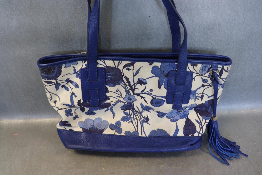 Isaac Mizrahi Blue Fabric, Leather Trim Pocketbook: Multi-pocket interior, in great condition with some light soil, see photos.
