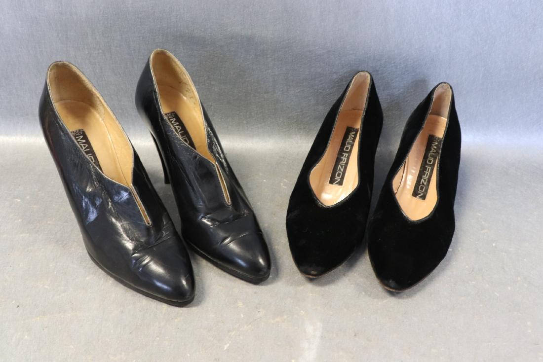 Lot of 2 Pairs Mauo Frizon Shoes: Black velvet shoes have 1 1/2" heel, made in Italy, no size, approx. 9" long, great condition. Black leather bootie style with 3" spike heels, Made in Italy, no size given, approx. 9" long, no sign of