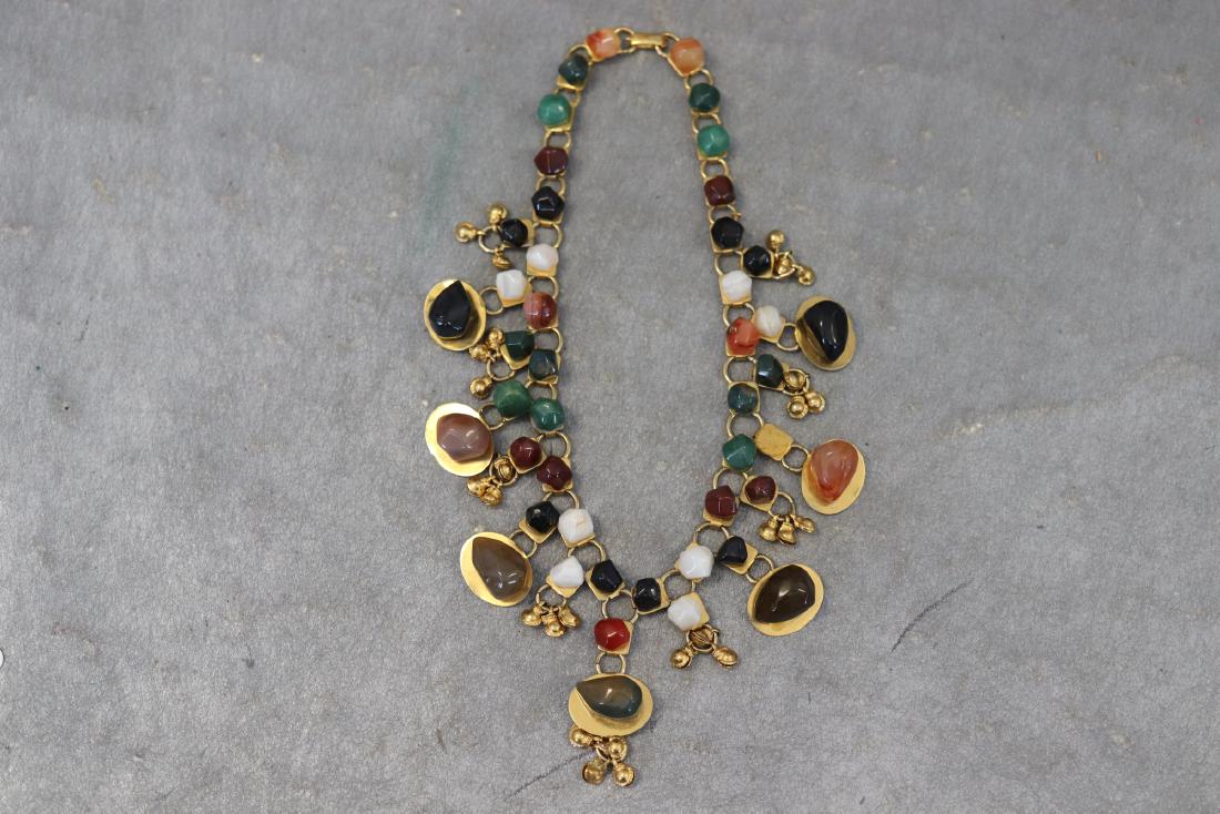Vintage Colored Stone Choker Style Necklace: Variety of colored stones, gold tone