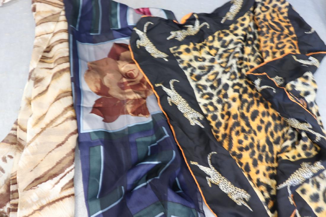 Lot of 3 Vintage Silk Scarves, Leopard Print: Anne Klien Leopard print, 29x29", 3" hem repair needed, 2 small holes. Brown tone animal print polyester scarf, 15" wide, 70" long, good condition. Halston 13" wide. 58" long, great condition.