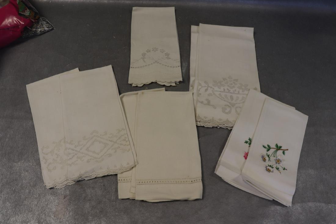 Lot of 9 Vintage Linen Towels: With Cutwork, embroidery, various sizes. Light soil, see photos. 4 sets and one extra.