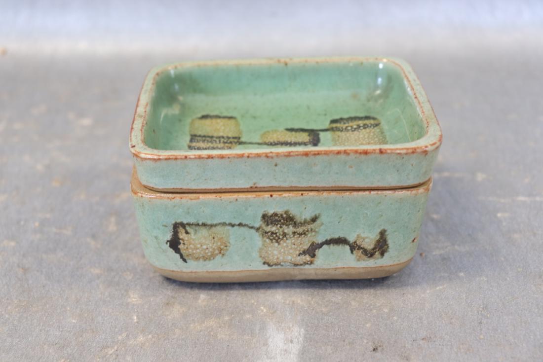 Vintage Asian Hand Painted Pottery Dish with Cover: Signed on lid top and dish bottom. Measures 4" long, 2 1/4" deep (with cover), 3 1/4" wide. Great condition.