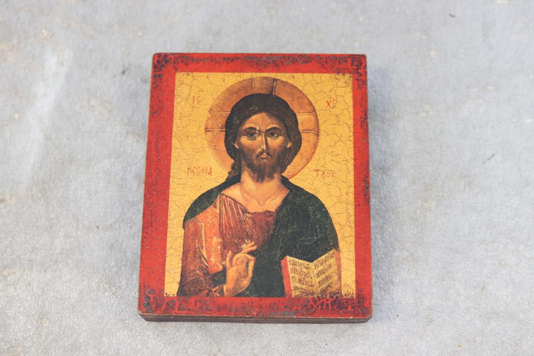 Byzantine Art, Religious Icon: Copy of ancient Byzantine icon, approx. 3 1/2 x 4 1/2", great condition.