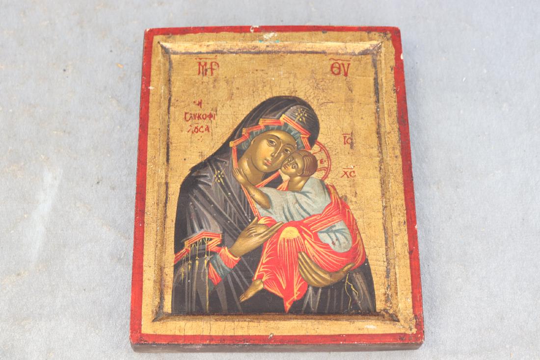 Byzantine Greek Contemporary Icon: Mary and Jesus portrait, 7 x 8 1/2", great condition.