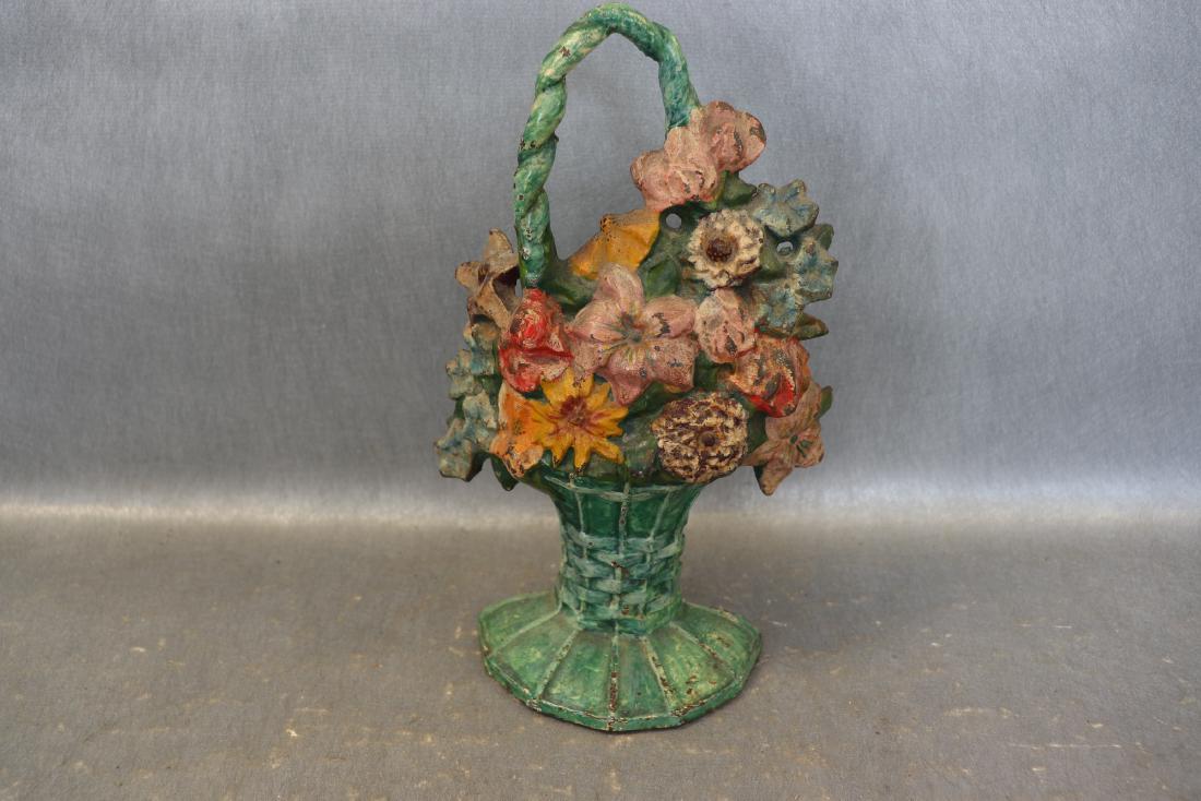 Cast Iron Antique Flower Basket Door Stop: all original paint, approx. 10 3/4 tall
