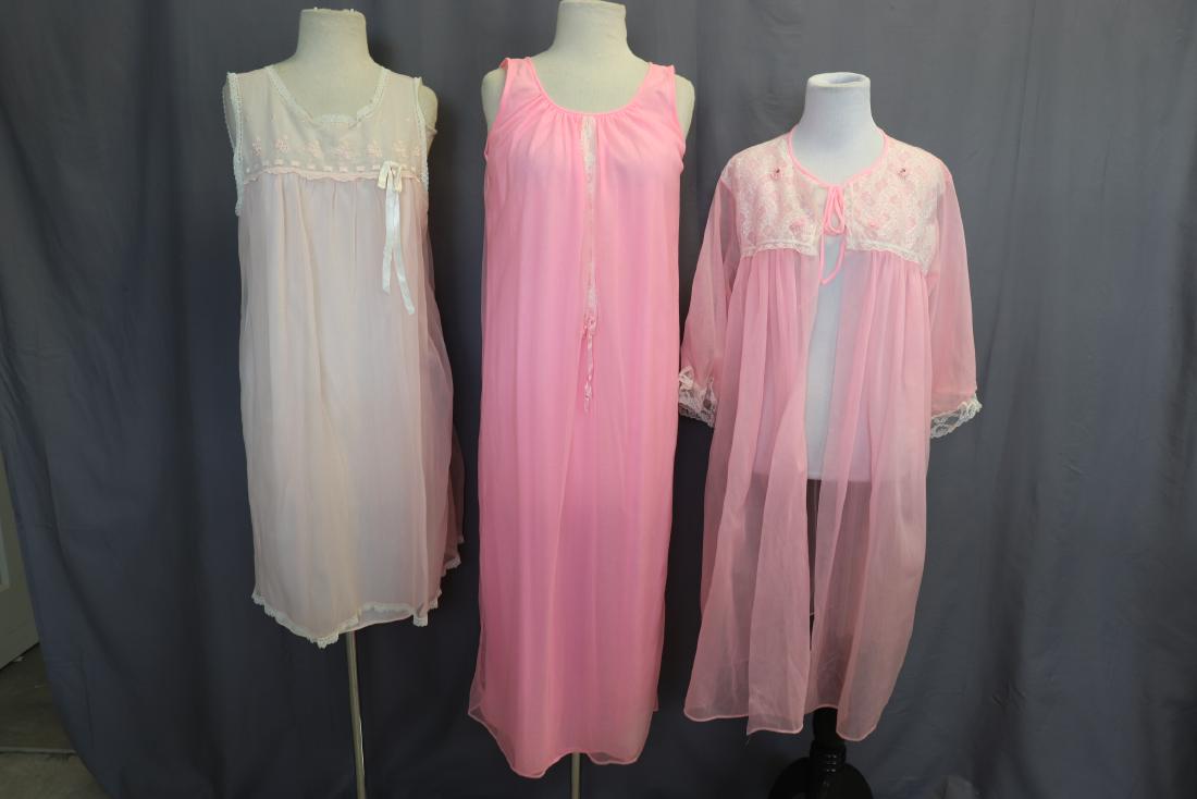 Lot of 2 1960's Vintage Nightgowns and Robe: Sears size large (38-40) pale pink nightgown, embroidery, lace and satin ribbon details, approx. 38 bust, 35 long, The lace detail at underarms need a few stitches. Bright pink nightgown with lace and