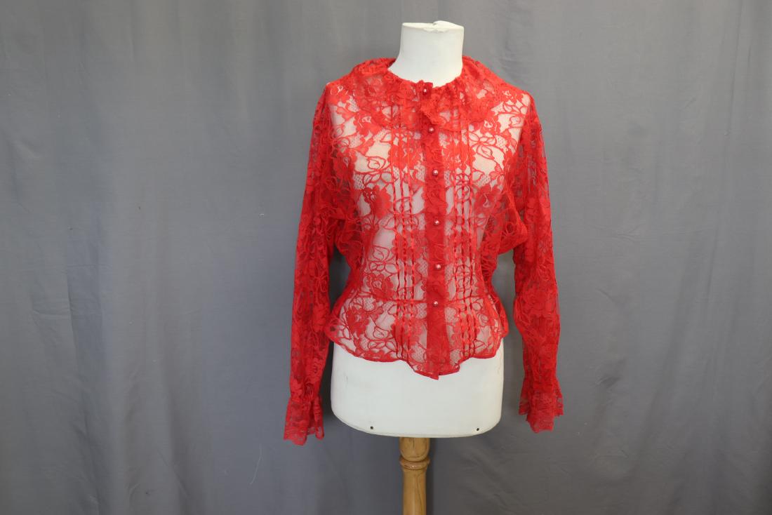Vintage Sheer Red Chantilly Lace Blouse (1 of 4)