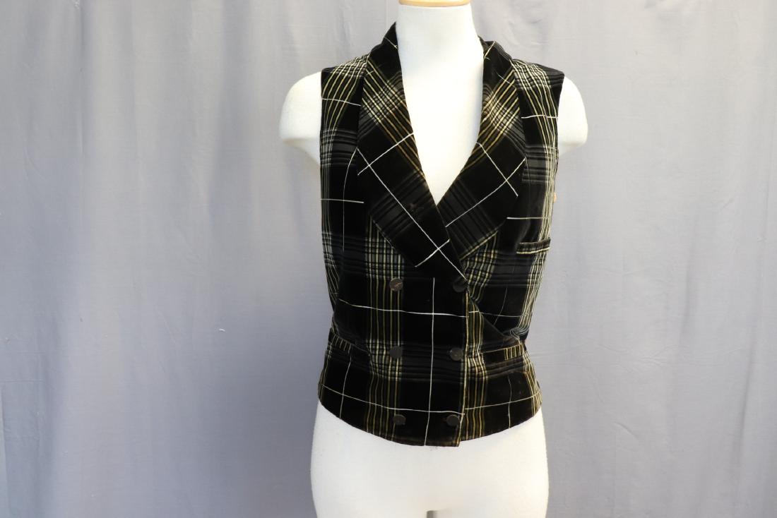 Antique Men's Plaid Velveteen Vest: Three front pockets, 3 satin covered buttons (some deterioration of the satin), adjustable buckle in back. Some soil on lining, and ripping at bottom edge of lining. There is a few areas which have be