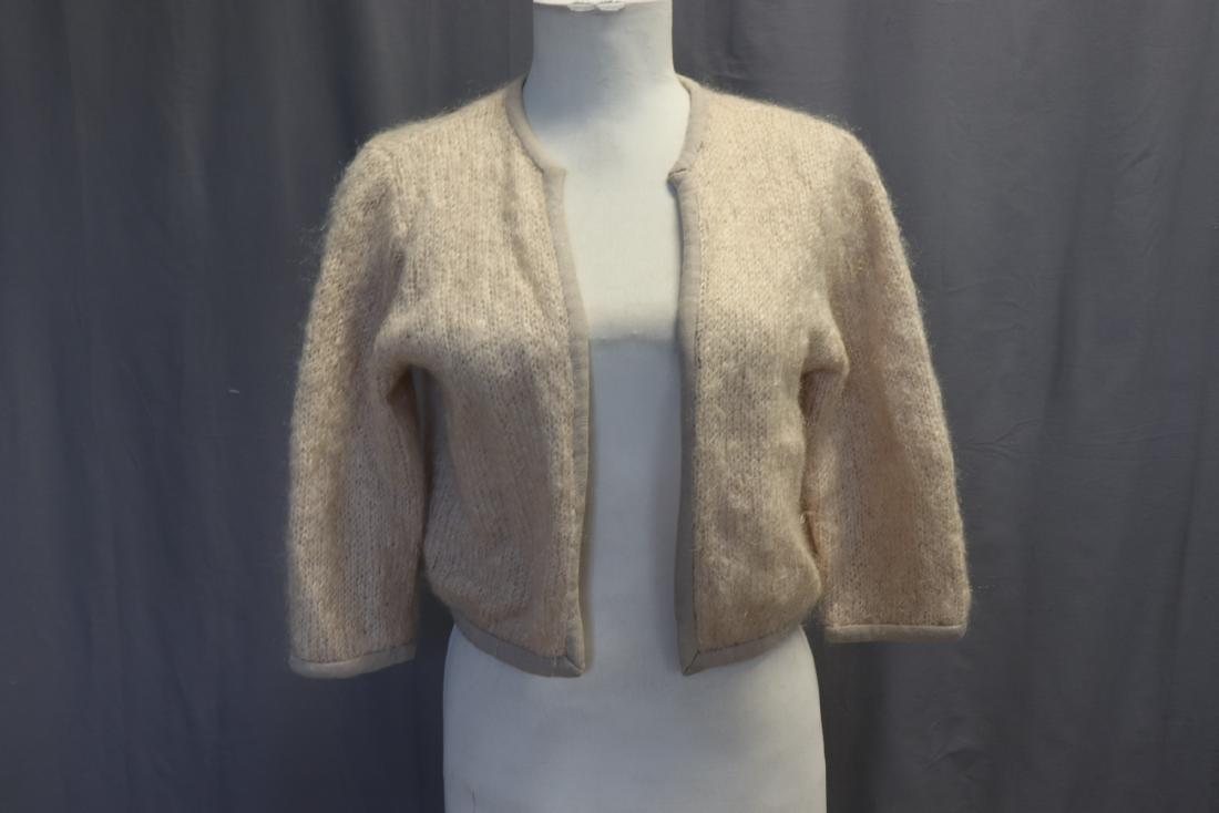 Vintage Angora Blush Color Shrug Sweater: Outlined with knit binding, measures approx. 36 bust, 17 long. Good condition.