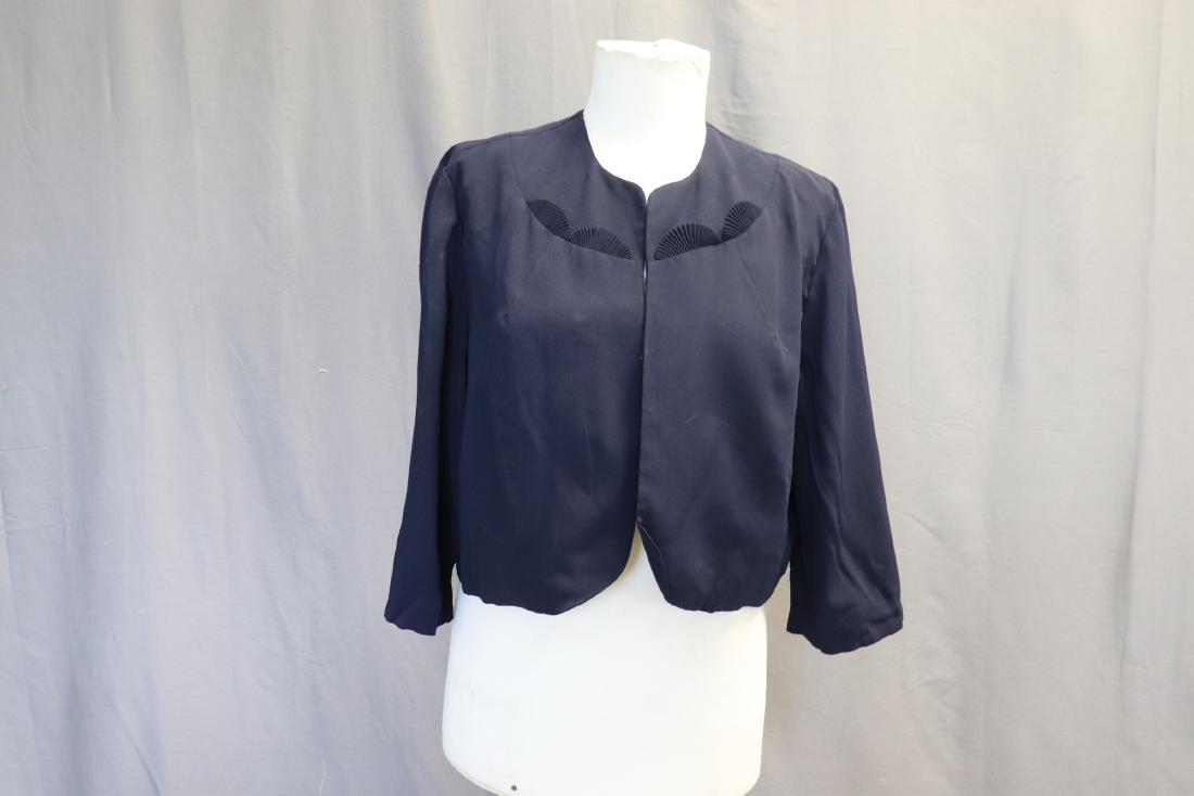 Vintage 1940's Blue Crepe Jacket by Shroyers: Accordion detail in front, lining in front only, measures approx. 38 bust, 18 long. Good condition.