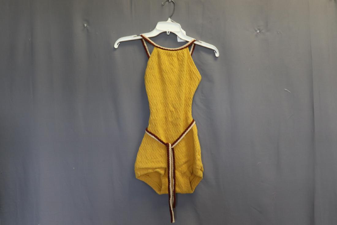 1930's Halter Style Knit Bathing Suit by Gantner: harvest gold halter style one piece bathing suit in a cotton blend knit, 2 tone braided straps and belt, some small holes, see photo's, approx. 30/32 bust, 22 waist, fabric with stretch a bit