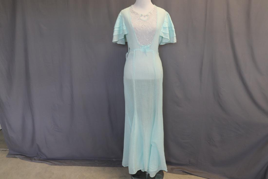 1930's Sea Green Dotted Swiss Dress: dotted swiss with lace bodice, tiered capelet sleeves, high waist, some open seams & tears see photos, approx. bust 19.5" waist 28"