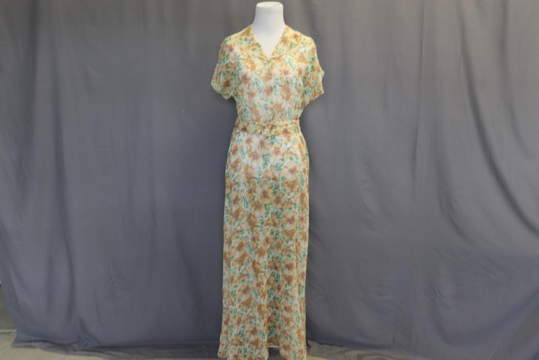Vintage 1930's Cotton Floral Print Dress: semi sheer cotton green rust floral print dress, lace trim sleeves & collar, high waist, A line skirt, approx. bust 38" waist 33"