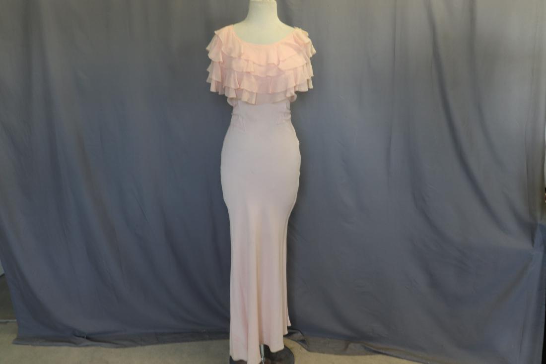 Vintage 1930's Pink Crepe Dress: bias cut light pink crepe dress, with tiered ruffled chiffon collar, tie back, full length, has small spot & tiny tear on inside of collar see photos, approx. bust 36" waist 30"