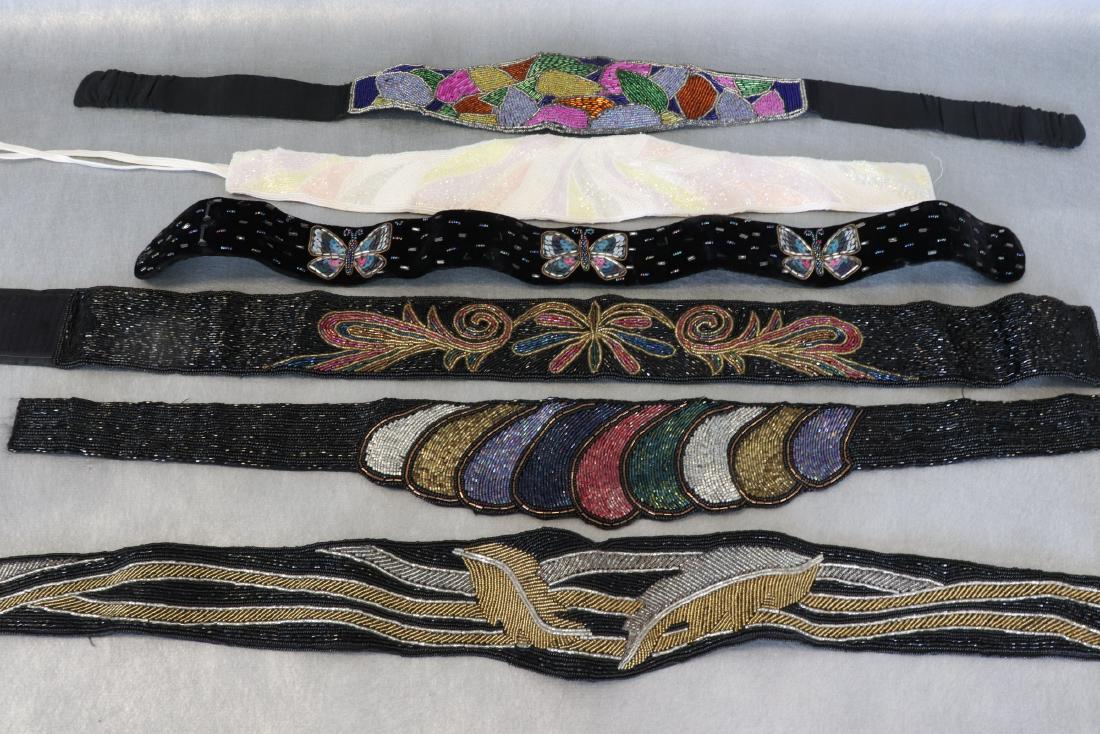 Lot Beaded and Sequined Cummerbund, Sashes, Belts: Regale, Crown Pacific, DeLillo, brands. Most have Velcro fasteners. Measuring from 21 to 31" long. All in good condition.