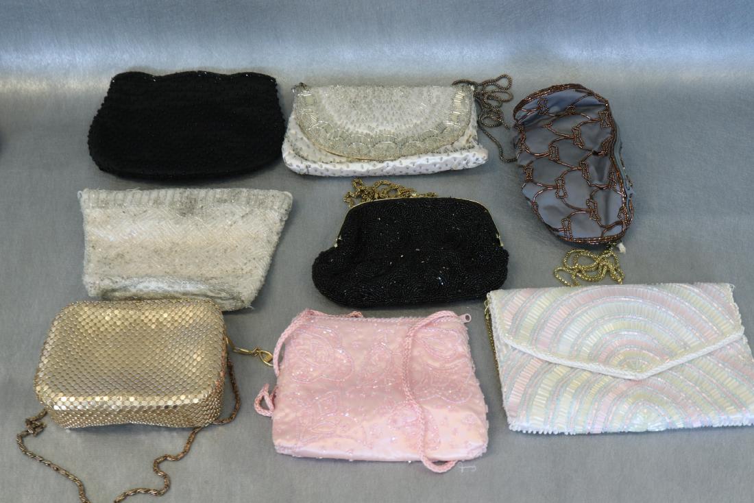 Large Lot Vintage Beaded and Mesh Clutch Purses: One mesh purse, China (light soil on lining), round purse is 1950's, "Genie" brand, made in Hong Kong. The remainder are made in China. A few have minimal bead loss. One bag needs a few stitches to ho