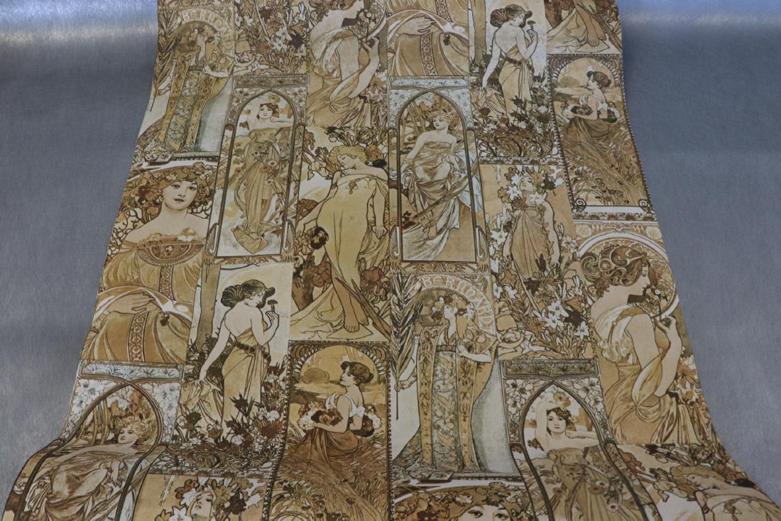 Vintage 1970's Mucha Print Wallpaper: Alphonse Mucha print textured wallpaper with paper backing, 20 1/2" wide.